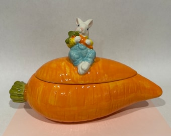 Hand-painted carrot Candy Jar with Bunny Lid - Spring Kitchen piece