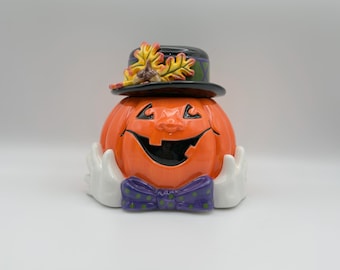 Fitz and Floyd Halloween Derby Pumpkin Cookie Jar -Rare Discontinued Collectible