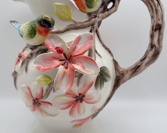 Corner Ruby Garden Ceramic Pitcher | Sculptural Botanical Design