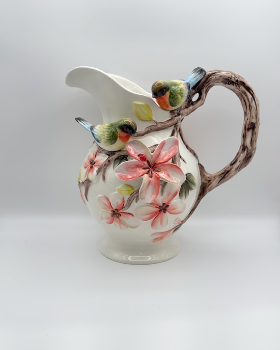 Corner Ruby Garden Ceramic Pitcher | Sculptural Botanical Design