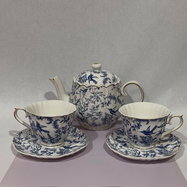 Grace Teaware Tea For One Set – 4-teilig, Porzellan, Blumiges Vogelmotiv, Spülmaschinenfest