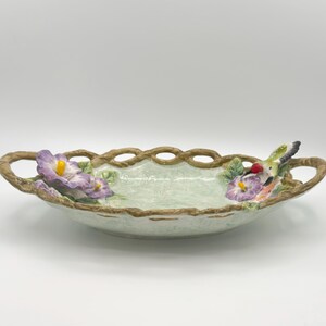 Corner Ruby Botanical Serving Tray, Sculptural Ceramic Platter, Hummingbird & Pansies, Garden Centerpiece, Retired