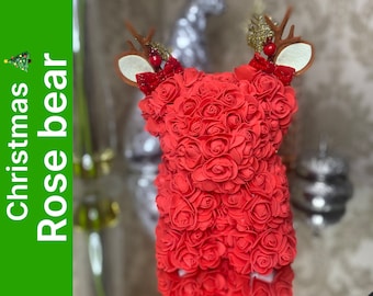 Ours rose de Noël avec bois | Élégance des Fêtes fabriquée à la main : Ours rose de Noël