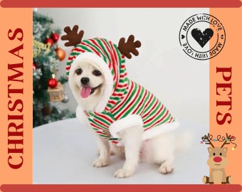 Costume pour animaux de compagnie look cerf de Noël | Manteau rayé festif pour chiens/chats de petite et moyenne taille | Vêtements de vacances pour animaux de compagnie