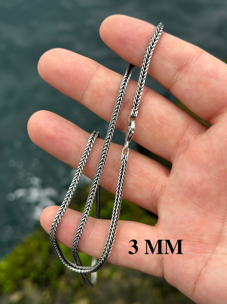 925 Sterling Silver Foxtail Chain, Thin Foxtail Necklace, Bali Chain, Oxidized Necklace, Antique Chain, Chain for Pendant 3 mm