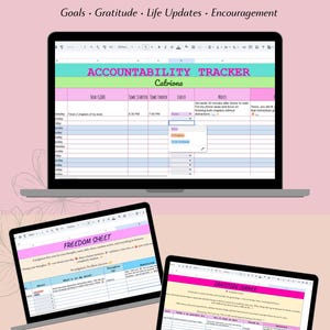 Puede incluir: Un rastreador de responsabilidad digital mostrado en tres pantallas de computadora portátil. Las hojas de cálculo presentan secciones tituladas Bestie Accountability Tracker, Freedom Sheet y Gratitude Corner con columnas para objetivos, gratitud y notas en rosa, azul y blanco.