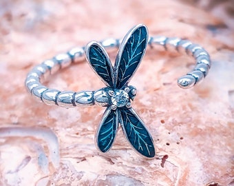 Dragonfly Adjustable Silver Ring With Zirconia Stone