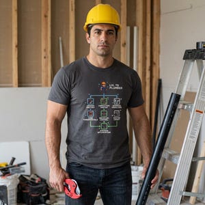 May include: A charcoal gray short-sleeve t-shirt featuring a graphic print of a pixelated plumber character and a skill tree diagram with the text LVL 70 PLUMBER, URETHEN MASTERY, CONNECTION HEATER, DRAINAGE KNOWLEDGE, CODE FUNDAMENTALS, BRICKFLOW CONTROL, VENTING EXPERT, and SYSTEMS OPTIMIZATION.