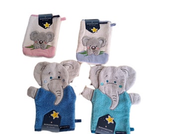 Waschhandschuh Elefant oder Koala von der Marke Morgenstern. Personalisiert mit Stick. Geschenkidee für Kinder