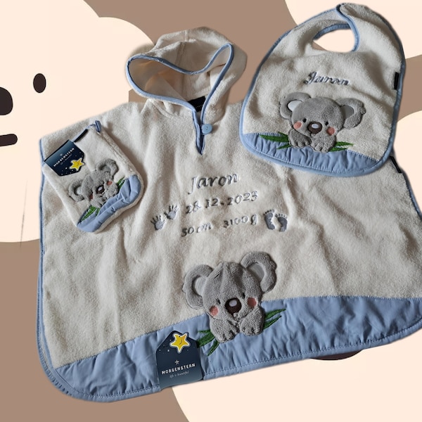 Geschenkset Badeponcho personalisiert mit Lätzchen und Waschhandschuh Geburtsgeschenk bestickt. Geschenkidee. Geburt, Taufe. Koala oder Esel