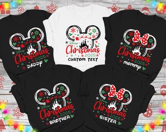 May include: Set of five black and white t-shirts with a Mickey Mouse silhouette and the text "Disney Christmas 2025" with different titles for each shirt: "Daddy", "Mommy", "Brother", "Sister", and "Custom Text".