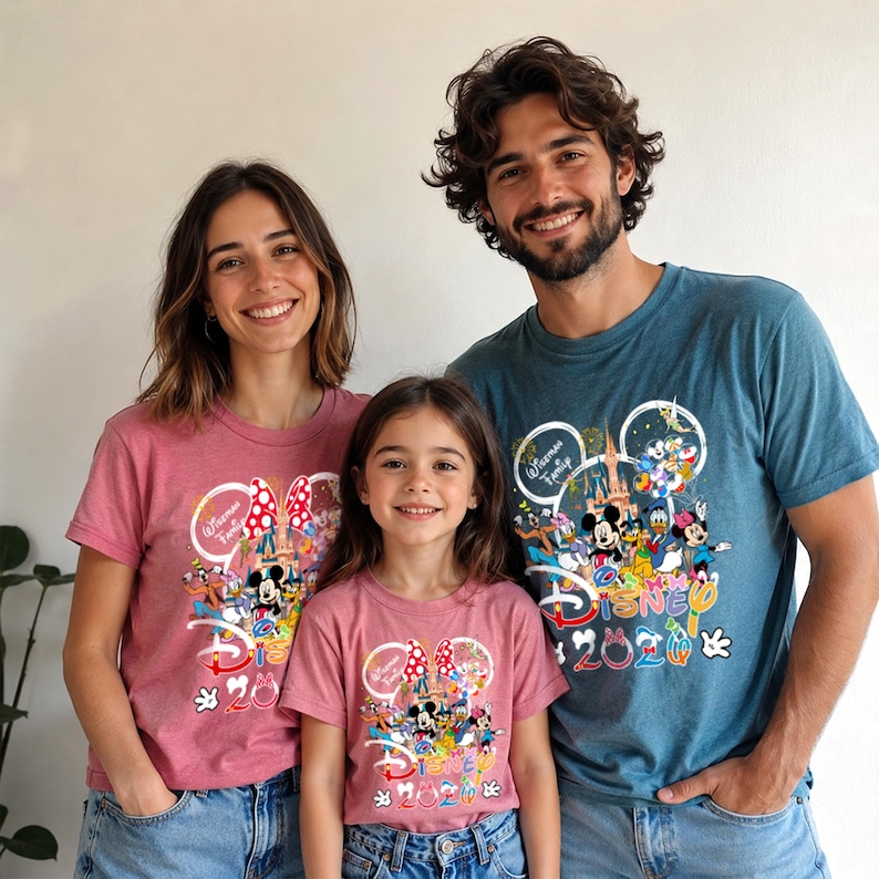 May include: Three people wearing matching Disney t-shirts. The shirts are in shades of pink and blue, featuring a colorful graphic of Disney characters, the Disney logo, and the text "Disney 2020". The shirts have short sleeves.