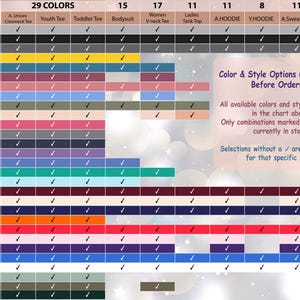 May include: A chart from Glitter City displaying color and style options for various apparel items. The chart lists 29 colors, including Athletic Heather, Black, and Gold, with checkmarks indicating available styles like crewneck tees, hoodies, and sweatshirts.