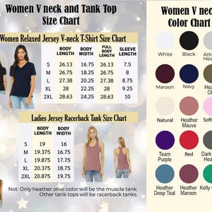 May include: Size chart for women's V-neck and tank tops. Includes measurements for relaxed jersey V-neck T-shirts and racerback tank tops. Color options are also listed, including white, black, and heather gray.