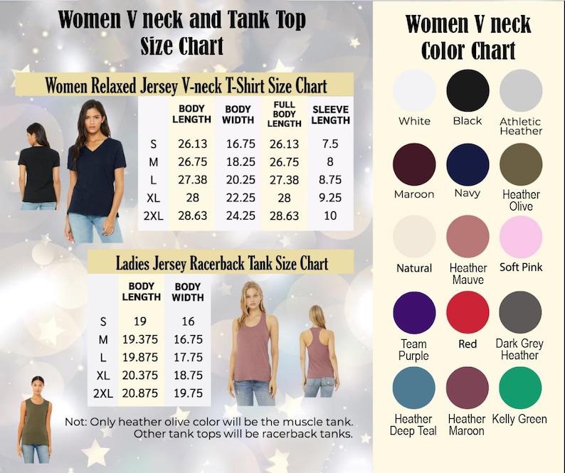 May include: Size chart for women's V-neck and tank tops. Includes measurements for relaxed jersey V-neck T-shirts and racerback tank tops. Color options are also listed, including white, black, and heather gray.