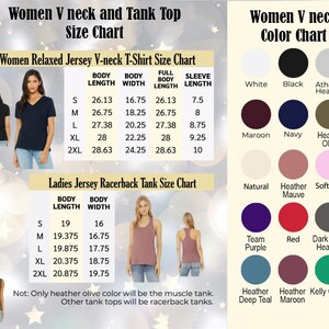 May include: A size and color chart for women's V-neck and tank tops. The chart includes measurements for relaxed jersey V-neck t-shirts and racerback tank tops, with body length and width in inches. A color chart displays various fabric colors.