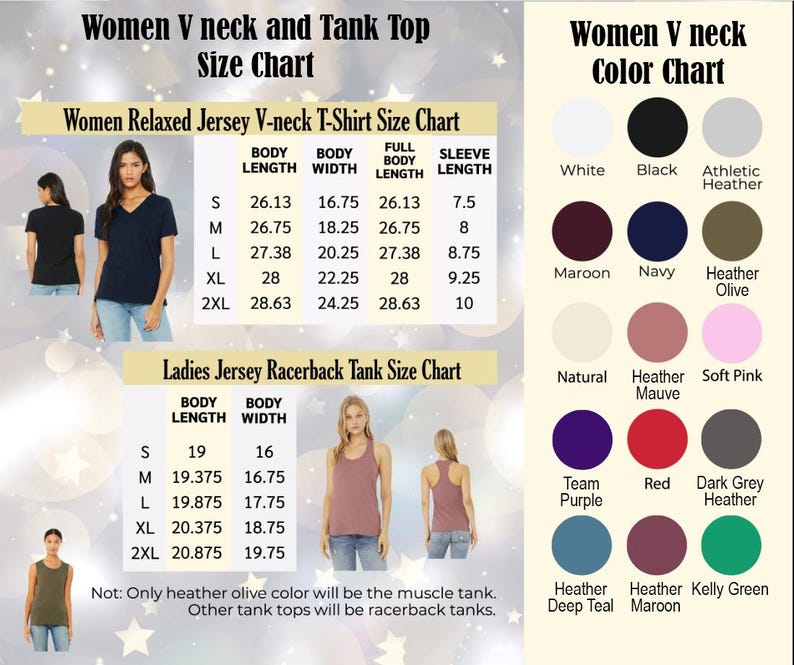 May include: A size and color chart for women's V-neck and tank tops. The chart includes measurements for relaxed jersey V-neck t-shirts and racerback tank tops, with body length and width in inches. A color chart displays various fabric colors.