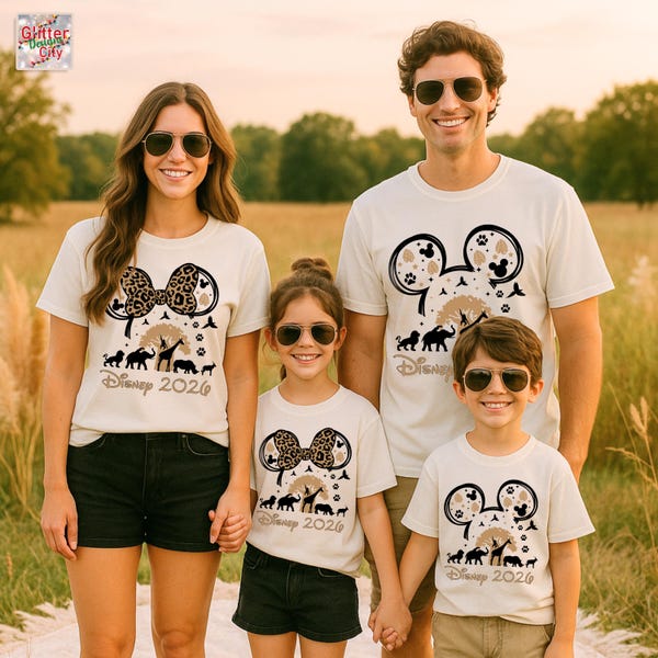 Camisetas personalizadas para família com tema de safári no Animal Kingdom, camisetas combinando para férias, camiseta Mickey e Minnie na natureza, camiseta Disney 2026