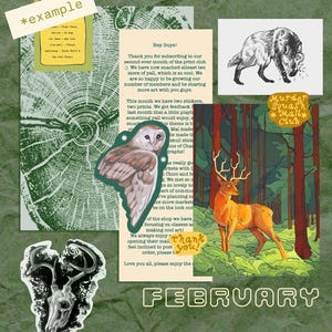 Puede incluir: Un collage con un fondo de anillos de &aacute;rbol verde, una carta con texto, una ilustraci&oacute;n de lobo en blanco y negro, una pegatina de lechuza, un estampado de ciervo en el bosque, una pegatina de calavera y la palabra FEBRUARY.