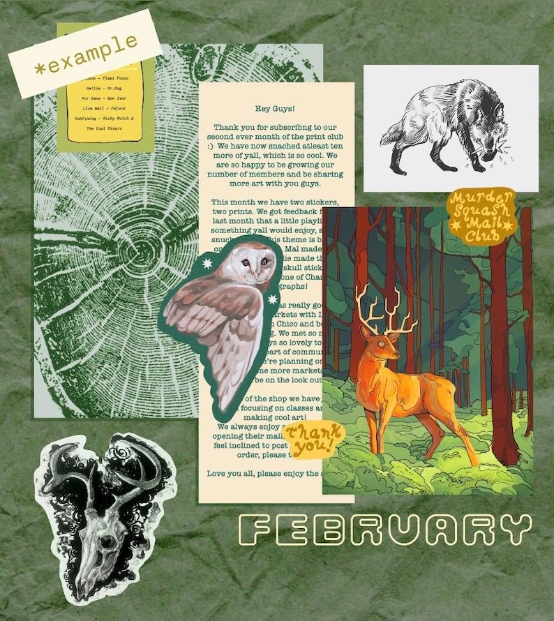 Puede incluir: Un collage con un fondo de anillos de &aacute;rbol verde, una carta con texto, una ilustraci&oacute;n de lobo en blanco y negro, una pegatina de lechuza, un estampado de ciervo en el bosque, una pegatina de calavera y la palabra FEBRUARY.