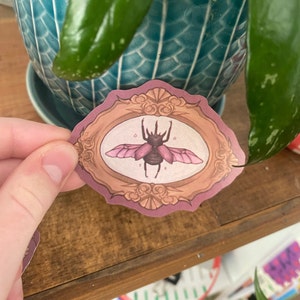 May include: A pink and brown beetle with wings is depicted in a decorative oval frame with gold accents. The frame has a pink background and is surrounded by a floral design.
