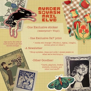 Puede incluir: Un folleto promocional para el Murder Squash Mail Club con una ilustraci&oacute;n de conejo negro, pegatinas de corazones de manzana y una polilla verde. El texto detalla una suscripci&oacute;n mensual que incluye una pegatina, una impresi&oacute;n de 13x18 cm y un bolet&iacute;n.