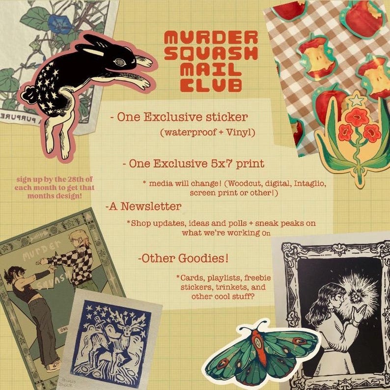 Puede incluir: Un folleto promocional para el Murder Squash Mail Club con una ilustraci&oacute;n de conejo negro, pegatinas de corazones de manzana y una polilla verde. El texto detalla una suscripci&oacute;n mensual que incluye una pegatina, una impresi&oacute;n de 13x18 cm y un bolet&iacute;n.
