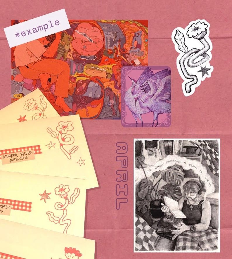Puede incluir: Una colecci&oacute;n de art&iacute;culos de papeler&iacute;a que incluye sobres color crema con dibujos lineales florales rojos y el texto Murder Squash Mail Club, una pegatina de flor, una ilustraci&oacute;n de grulla morada y una impresi&oacute;n en blanco y negro con la etiqueta APRIL.