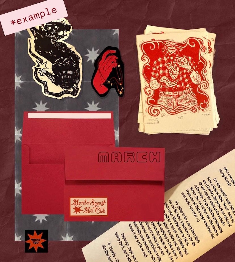 Puede incluir: Una colecci&oacute;n de art&iacute;culos de papeler&iacute;a que incluye un sobre rojo con el texto MARCH y MurderSquash Mail Club, una pegatina de rata negra, una pegatina de mano roja, una pila de impresiones de corazones rojos y blancos y una carta.
