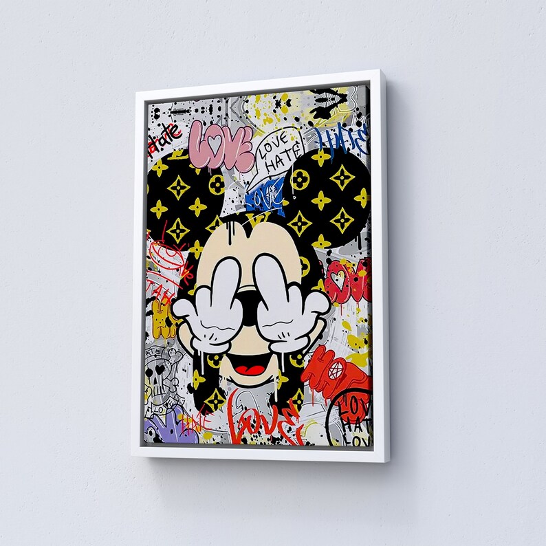 Mickey Mouse Banksy Pop Art Print, Banksy Style Slang Mickey Mouse, Shoot the Bird, Young Room