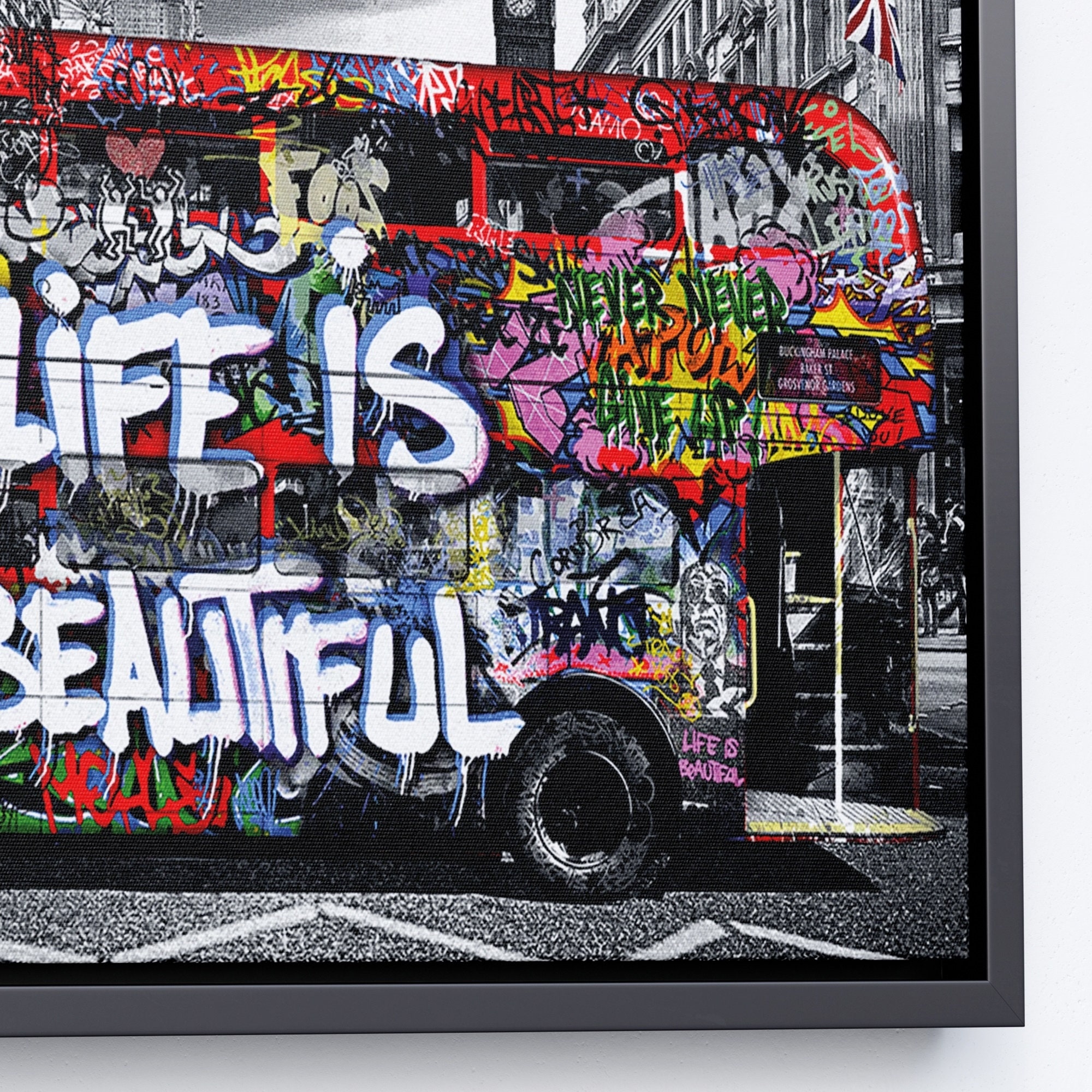 Banksy Style London Red Bus Canvas Pop Art Print, Life is Beautiful