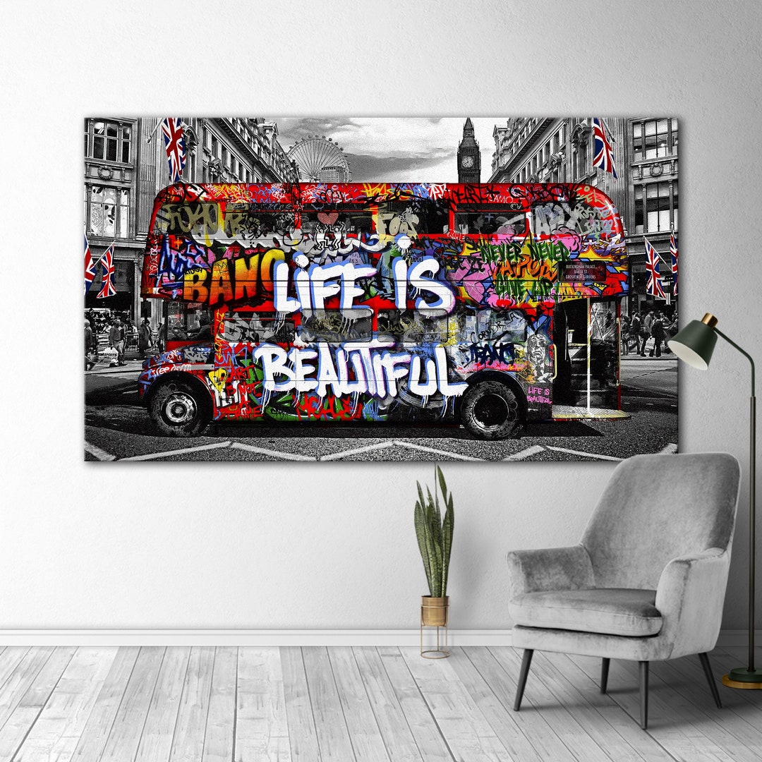 Banksy Style London Red Bus Canvas Pop Art Print, Life is Beautiful
