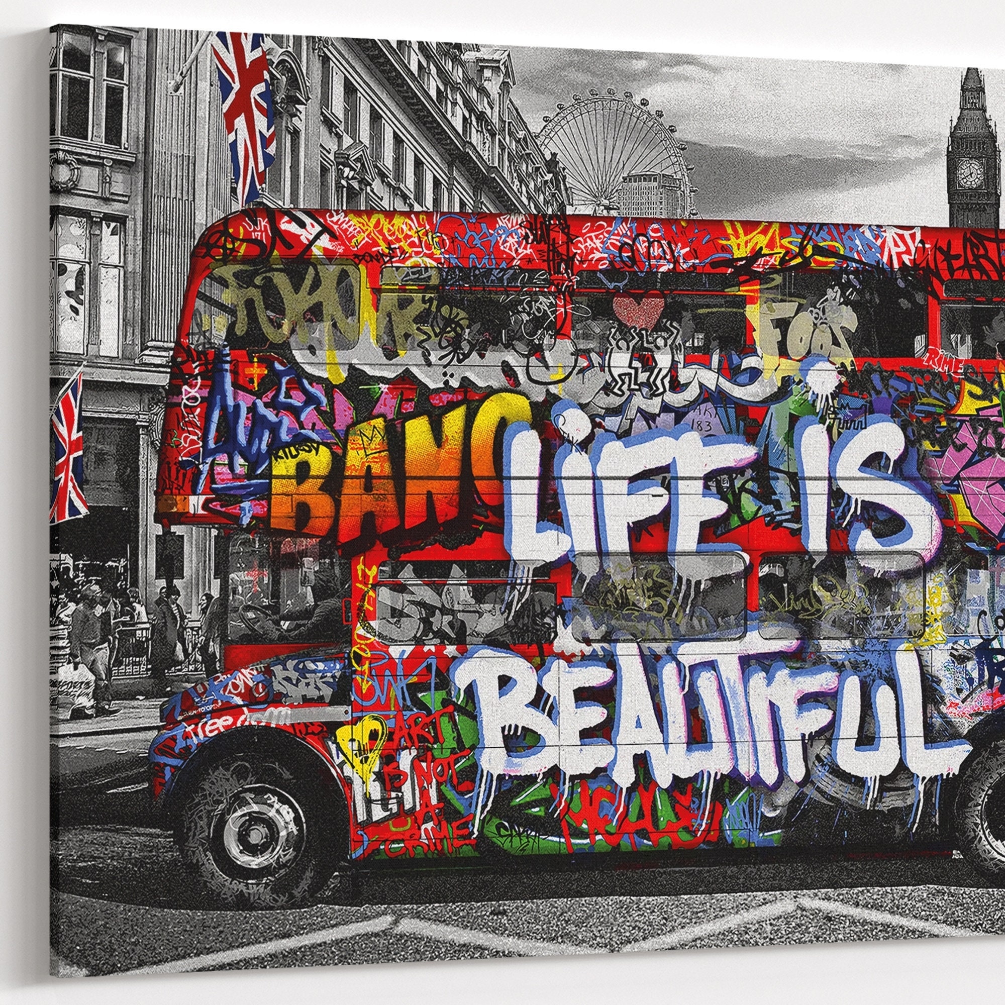 Banksy Style London Red Bus Canvas Pop Art Print, Life is Beautiful