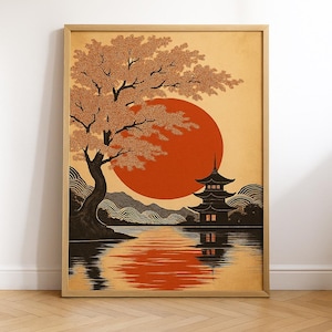 Vintage Japanese Pagoda Wall Art, Red Sun and Cherry Blossom Print, Oriental Landscape Poster