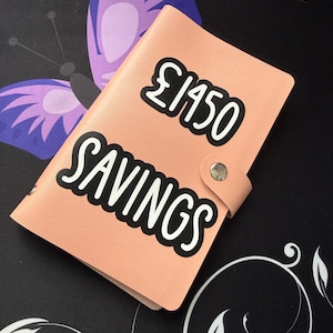May include: A peach-coloured savings wallet with the text "£1450 SAVINGS" in a black and white font. The wallet has a snap closure and is on a black surface with a butterfly design.