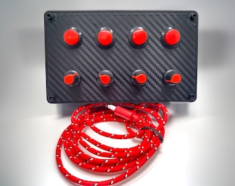 Boîte à boutons Sim Racing - 4 boutons rouges, 4 encodeurs, panneau en fibre de carbone - Contrôleur USB pour PC