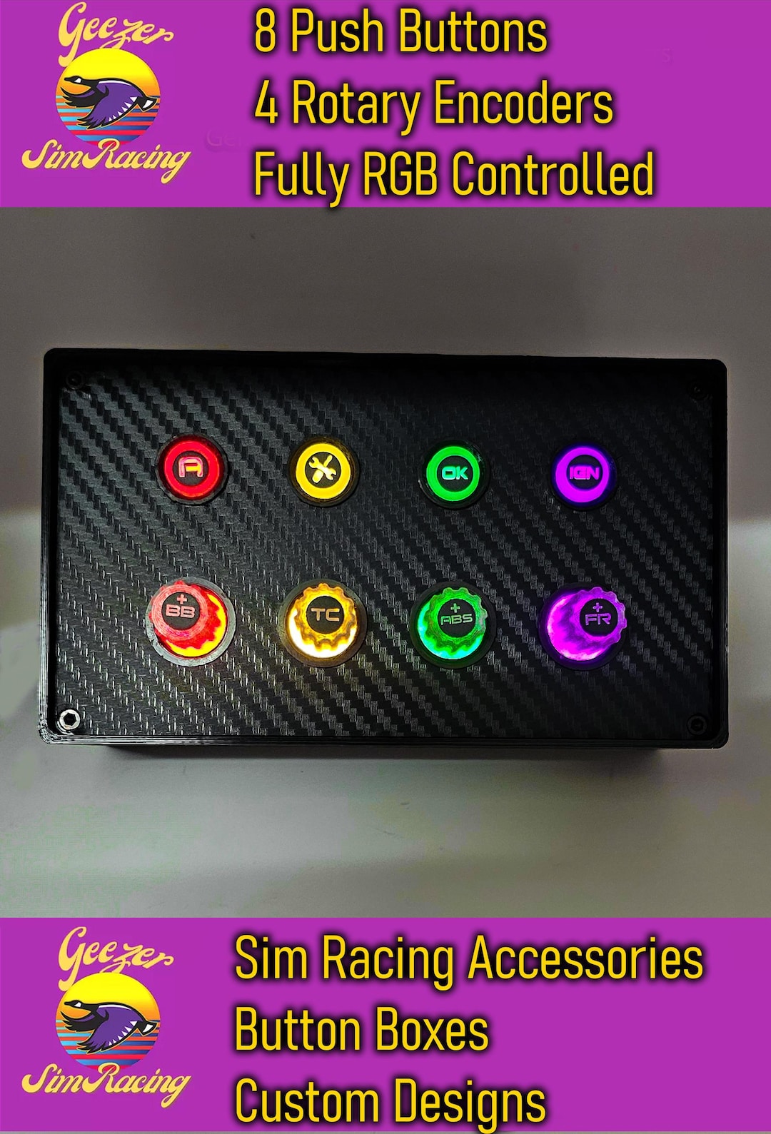 Sim Racing Button Box With RGB Addressable Buttons 8 Buttons 4 Rotary ...