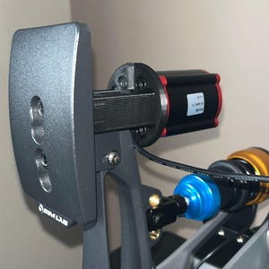 May include: A black racing pedal with a gray metal plate and a black and red actuator. The pedal has a SIM LAB logo on the plate.