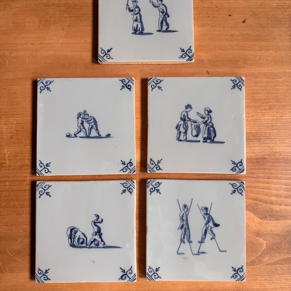 Set of 5 Dutch Makkum Tchelaar Hand Painted Tiles