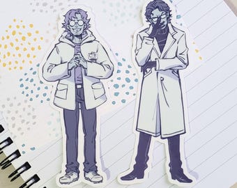 May include: Two stickers featuring illustrations of figures in lab coats. One figure wears glasses, a hooded jacket, and a lab coat. The other figure wears glasses, a long lab coat, and a black turtleneck. Both figures are in shades of purple, white, and black.