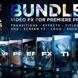 May include: A bundle of video effects for Premiere Pro, featuring transitions, effects, titles, VHS, screen FX, logos, and sounds. The bundle includes eight different packs, each with a unique design and color scheme.