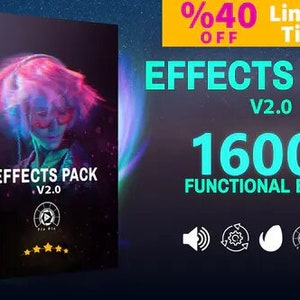May include: A product box with a colorful, abstract design and the text "Effects Pack V2.0" on the front. The box is labeled "14 in 1" and "Effects Pack" on the side. The text "%40 Off Limited Time" is in a yellow box above the text "Effects Pack V2.0" and "1600+ Functional Effect".