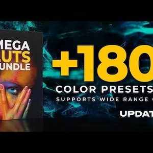 May include: A black box with the text "MEGA LUTS BUNDLE" in white and yellow lettering. The box features a colourful image of a person's face on the front. The text "+1800 COLOR PRESETS LUTS" is in yellow lettering on a black background. The text "SUPPORTS WIDE RANGE CAMERAS" is in white lettering on a black background. The text "UPDATE V3" is in yellow lettering on a black background.