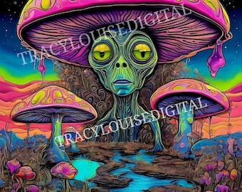 Psychedelic neon digital trippy mushroom art digital Download png file