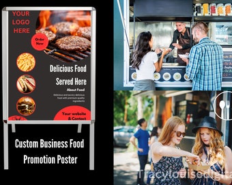 May include: A black and white sign with red text advertising delicious food served here. The sign has images of french fries, hot dogs, and hamburgers. The sign also includes the text "Your website & Contact".