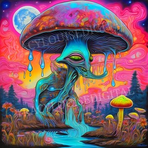 Psychedelic neon mushroom trippy digital art download png