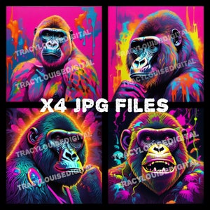 X4 Gorilla monkey jungle neon print digital Download wall art print poster jpg