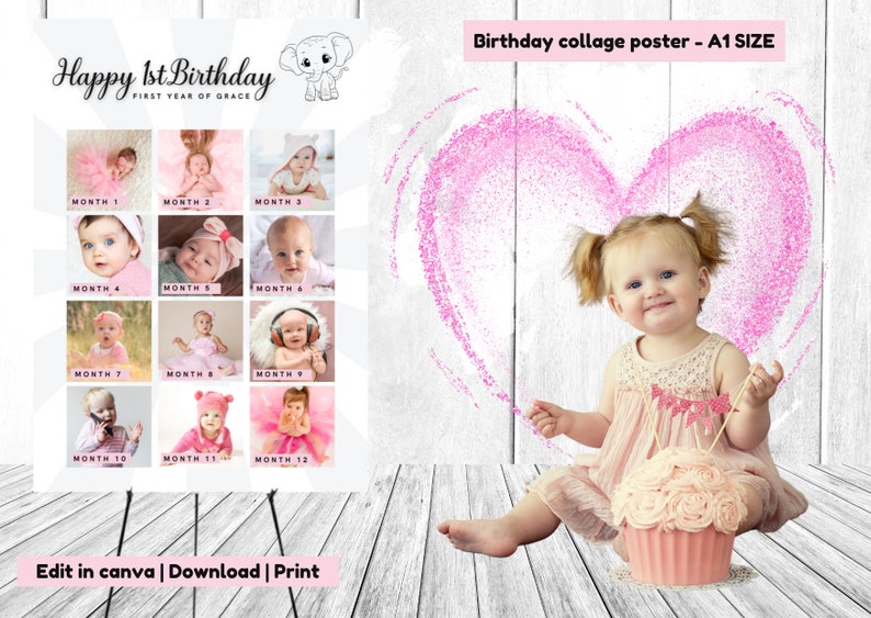 1st Birthday Girl Giant Collage Poster Board, Personalised, Display ...
