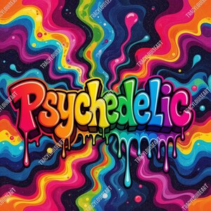 以下が含まれることがあります： カラフルなグラフィティスタイルで「Psychedelic」という言葉が描かれた、鮮やかなサイケデリックアート。背景には、ピンク、イエロー、ブルー、グリーンなど、虹色の渦巻く波があり、ダイナミックでエネルギッシュなビジュアルを作り出しています。
