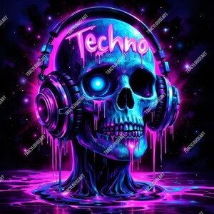 以下が含まれることがあります： ヘッドフォンをつけた骸骨のネオンイラスト。ピンク色の「Techno」の文字が描かれています。骸骨は青と紫で、ピンクのアクセントと滴るペイント効果があります。星が散りばめられた黒い背景。